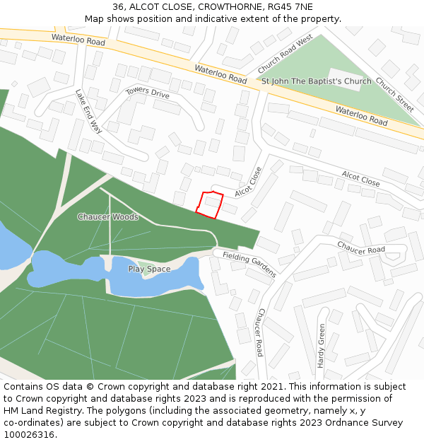 36, ALCOT CLOSE, CROWTHORNE, RG45 7NE: Location map and indicative extent of plot