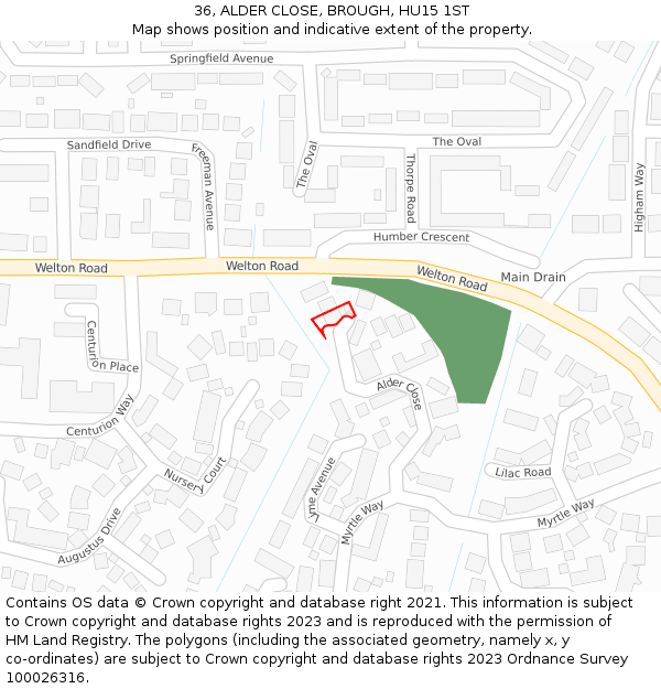 36, ALDER CLOSE, BROUGH, HU15 1ST: Location map and indicative extent of plot