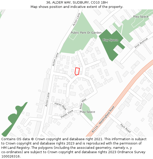 36, ALDER WAY, SUDBURY, CO10 1BH: Location map and indicative extent of plot