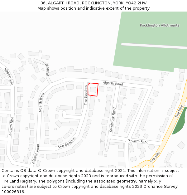 36, ALGARTH ROAD, POCKLINGTON, YORK, YO42 2HW: Location map and indicative extent of plot