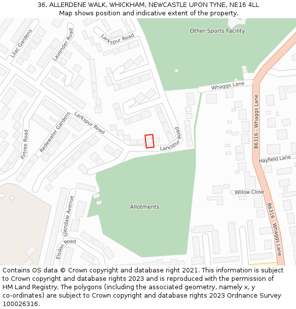 36, ALLERDENE WALK, WHICKHAM, NEWCASTLE UPON TYNE, NE16 4LL: Location map and indicative extent of plot