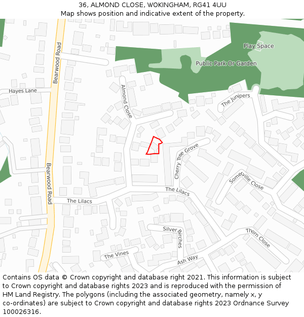 36, ALMOND CLOSE, WOKINGHAM, RG41 4UU: Location map and indicative extent of plot