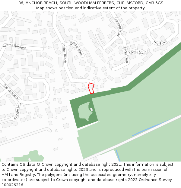36, ANCHOR REACH, SOUTH WOODHAM FERRERS, CHELMSFORD, CM3 5GS: Location map and indicative extent of plot