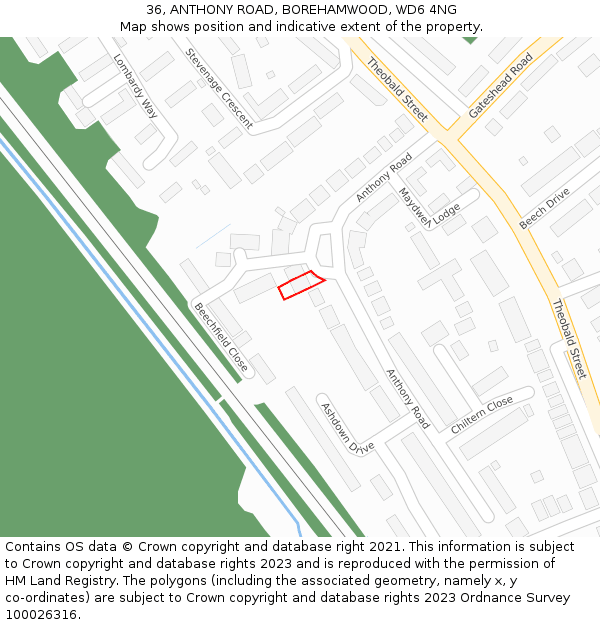 36, ANTHONY ROAD, BOREHAMWOOD, WD6 4NG: Location map and indicative extent of plot