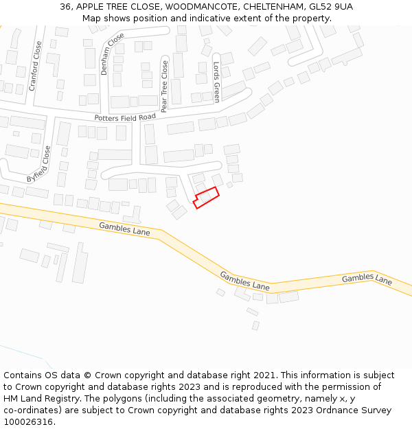 36, APPLE TREE CLOSE, WOODMANCOTE, CHELTENHAM, GL52 9UA: Location map and indicative extent of plot