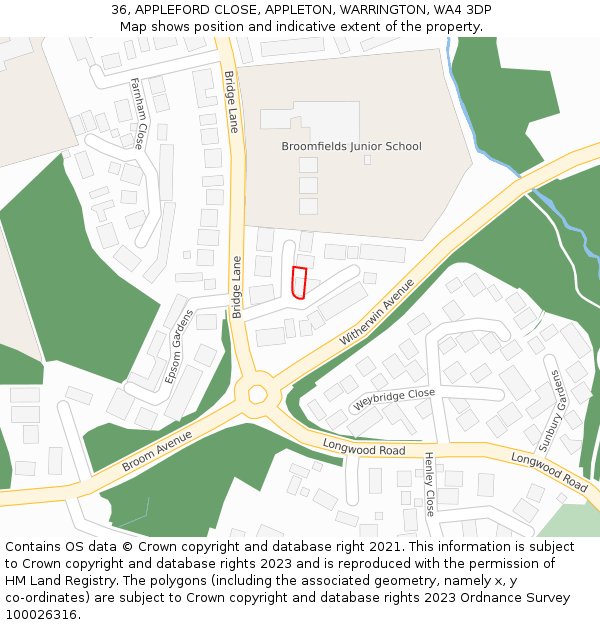 36, APPLEFORD CLOSE, APPLETON, WARRINGTON, WA4 3DP: Location map and indicative extent of plot