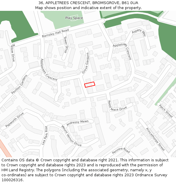 36, APPLETREES CRESCENT, BROMSGROVE, B61 0UA: Location map and indicative extent of plot