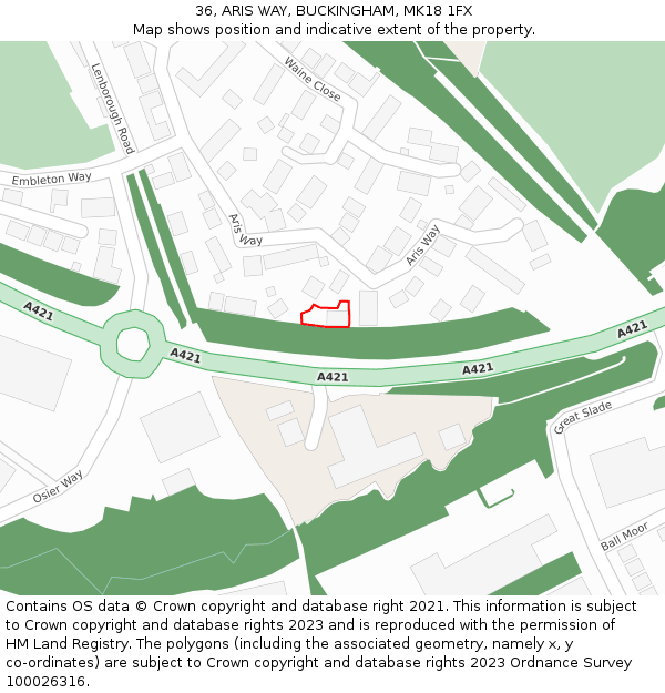 36, ARIS WAY, BUCKINGHAM, MK18 1FX: Location map and indicative extent of plot