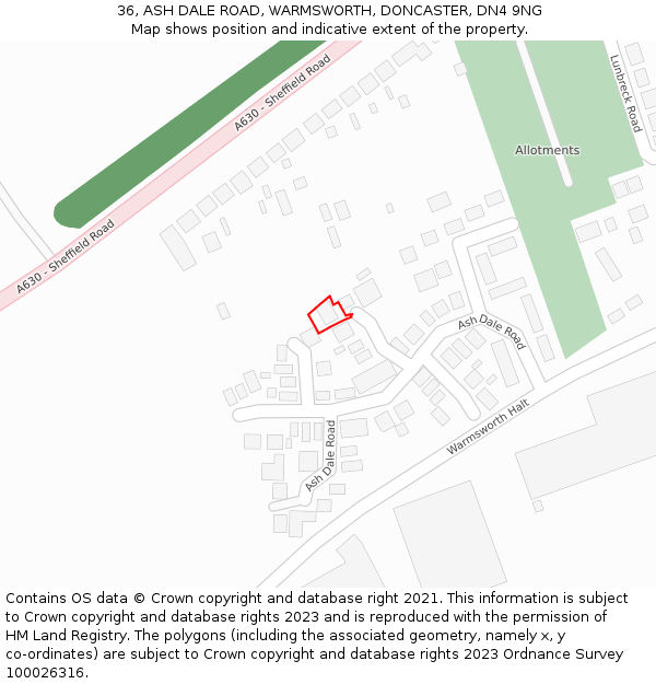 36, ASH DALE ROAD, WARMSWORTH, DONCASTER, DN4 9NG: Location map and indicative extent of plot