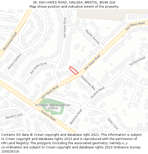 36, ASH HAYES ROAD, NAILSEA, BRISTOL, BS48 2LW: Location map and indicative extent of plot