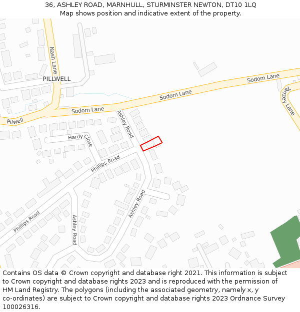 36, ASHLEY ROAD, MARNHULL, STURMINSTER NEWTON, DT10 1LQ: Location map and indicative extent of plot