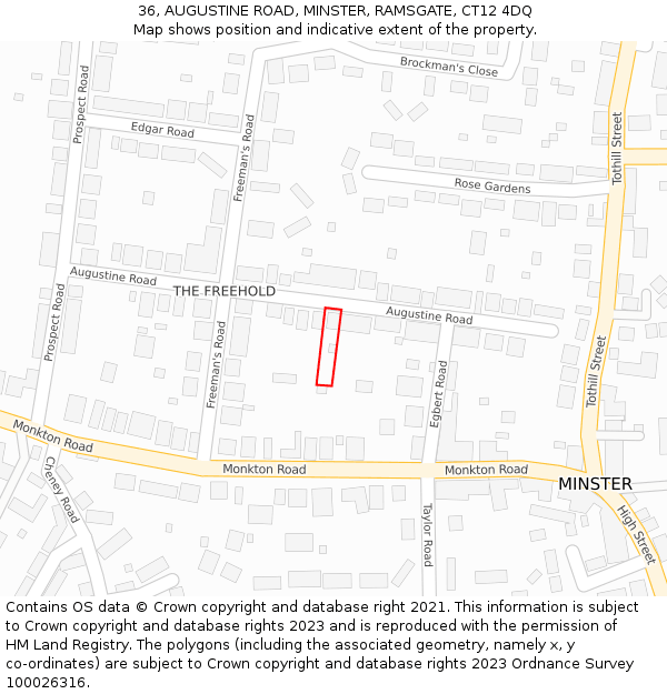 36, AUGUSTINE ROAD, MINSTER, RAMSGATE, CT12 4DQ: Location map and indicative extent of plot