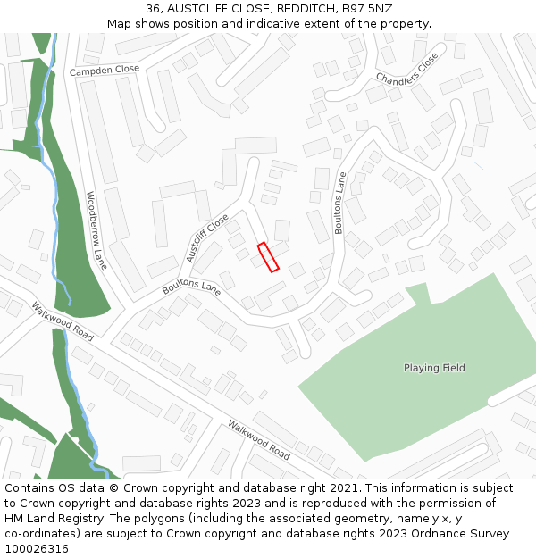 36, AUSTCLIFF CLOSE, REDDITCH, B97 5NZ: Location map and indicative extent of plot