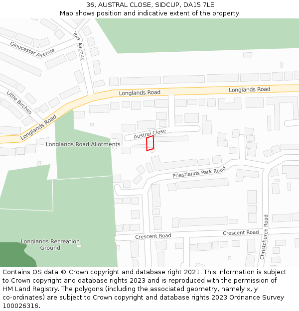 36, AUSTRAL CLOSE, SIDCUP, DA15 7LE: Location map and indicative extent of plot