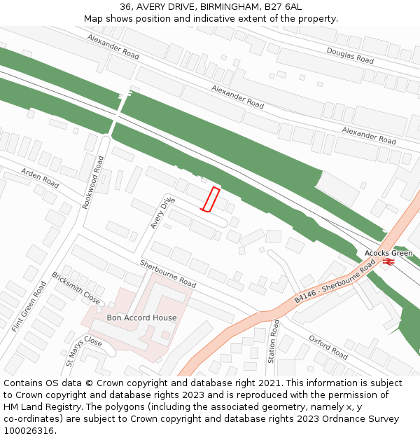 36, AVERY DRIVE, BIRMINGHAM, B27 6AL: Location map and indicative extent of plot