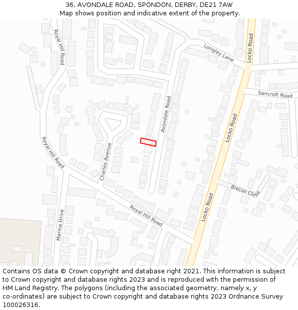 36, AVONDALE ROAD, SPONDON, DERBY, DE21 7AW: Location map and indicative extent of plot
