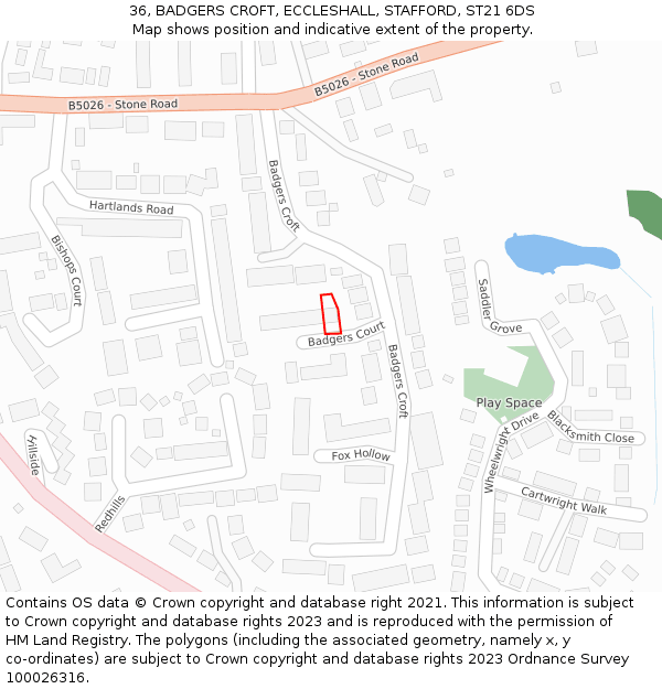 36, BADGERS CROFT, ECCLESHALL, STAFFORD, ST21 6DS: Location map and indicative extent of plot