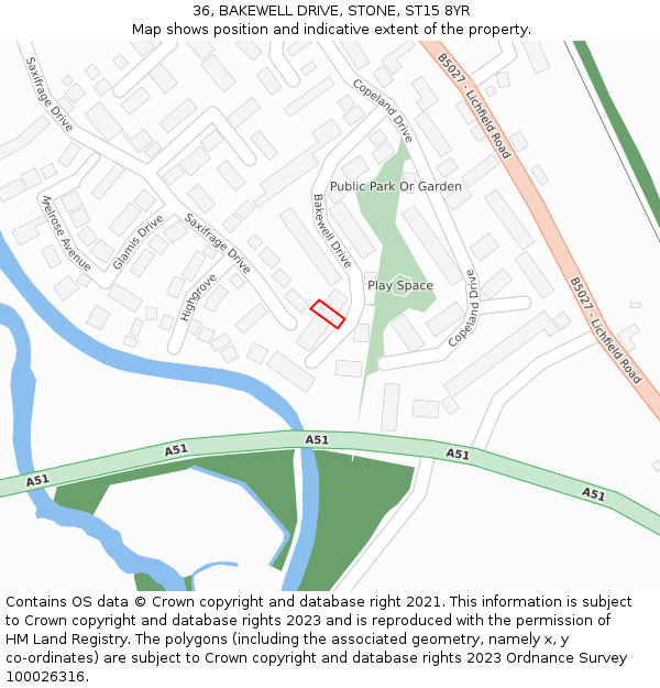 36, BAKEWELL DRIVE, STONE, ST15 8YR: Location map and indicative extent of plot