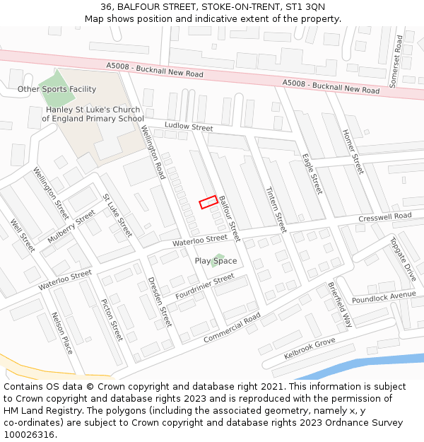 36, BALFOUR STREET, STOKE-ON-TRENT, ST1 3QN: Location map and indicative extent of plot