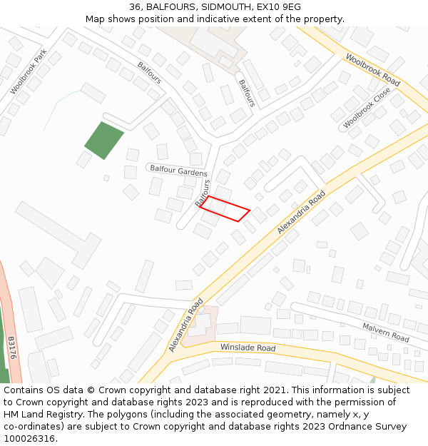 36, BALFOURS, SIDMOUTH, EX10 9EG: Location map and indicative extent of plot