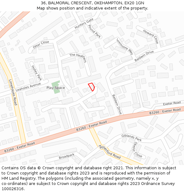 36, BALMORAL CRESCENT, OKEHAMPTON, EX20 1GN: Location map and indicative extent of plot