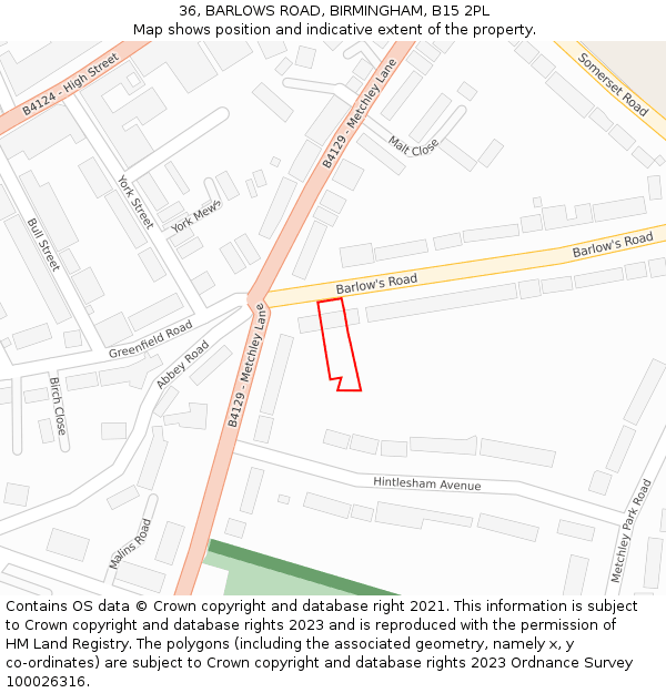 36, BARLOWS ROAD, BIRMINGHAM, B15 2PL: Location map and indicative extent of plot