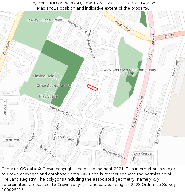 36, BARTHOLOMEW ROAD, LAWLEY VILLAGE, TELFORD, TF4 2PW: Location map and indicative extent of plot