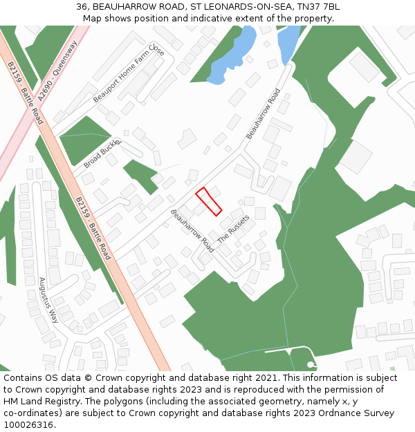 36, BEAUHARROW ROAD, ST LEONARDS-ON-SEA, TN37 7BL: Location map and indicative extent of plot