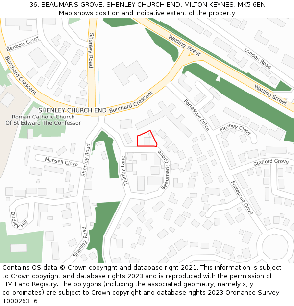 36, BEAUMARIS GROVE, SHENLEY CHURCH END, MILTON KEYNES, MK5 6EN: Location map and indicative extent of plot