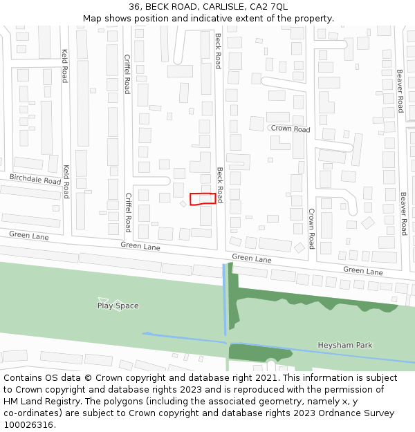 36, BECK ROAD, CARLISLE, CA2 7QL: Location map and indicative extent of plot