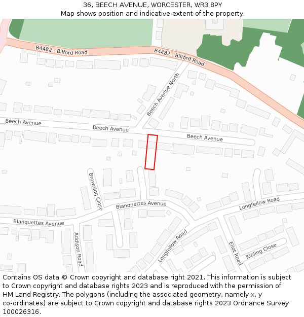 36, BEECH AVENUE, WORCESTER, WR3 8PY: Location map and indicative extent of plot