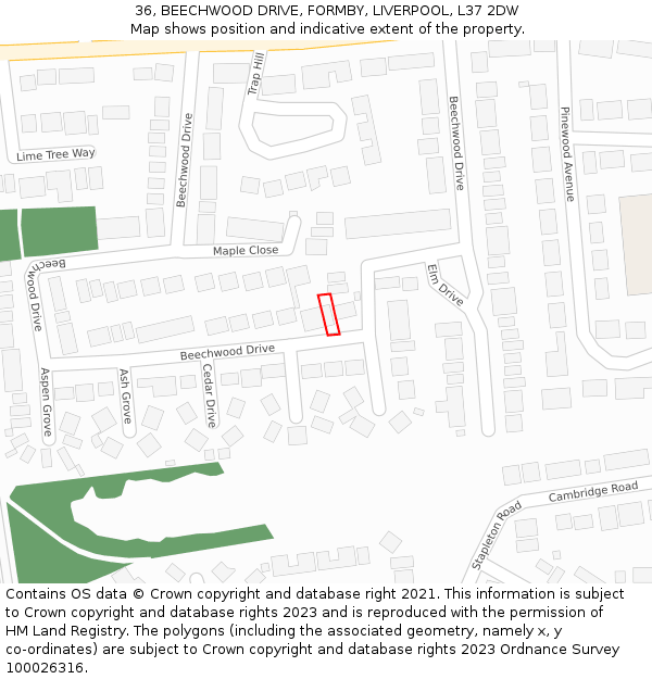 36, BEECHWOOD DRIVE, FORMBY, LIVERPOOL, L37 2DW: Location map and indicative extent of plot