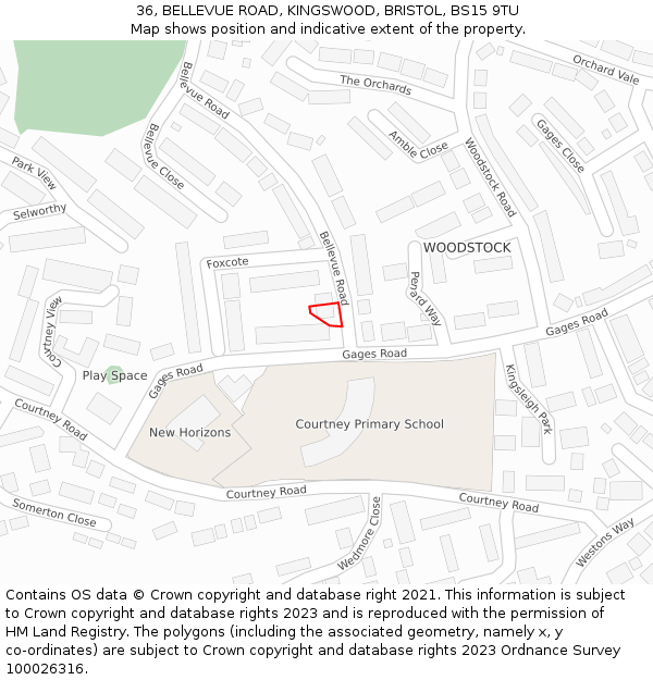 36, BELLEVUE ROAD, KINGSWOOD, BRISTOL, BS15 9TU: Location map and indicative extent of plot