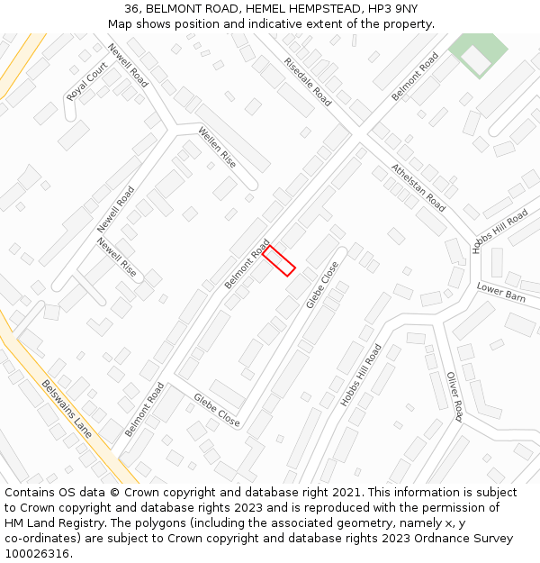 36, BELMONT ROAD, HEMEL HEMPSTEAD, HP3 9NY: Location map and indicative extent of plot