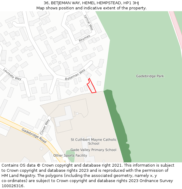 36, BETJEMAN WAY, HEMEL HEMPSTEAD, HP1 3HJ: Location map and indicative extent of plot