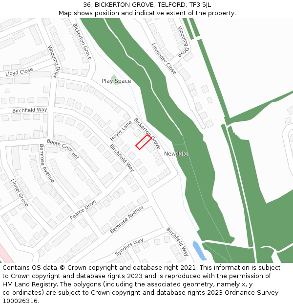 36, BICKERTON GROVE, TELFORD, TF3 5JL: Location map and indicative extent of plot