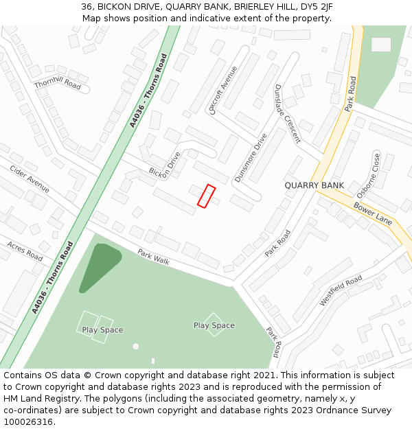 36, BICKON DRIVE, QUARRY BANK, BRIERLEY HILL, DY5 2JF: Location map and indicative extent of plot