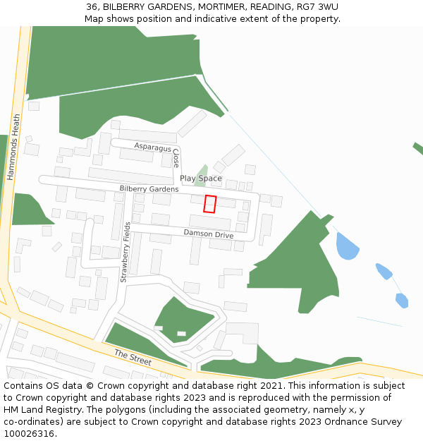 36, BILBERRY GARDENS, MORTIMER, READING, RG7 3WU: Location map and indicative extent of plot