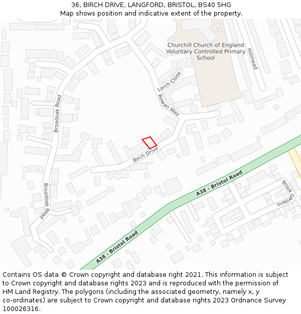 36, BIRCH DRIVE, LANGFORD, BRISTOL, BS40 5HG: Location map and indicative extent of plot