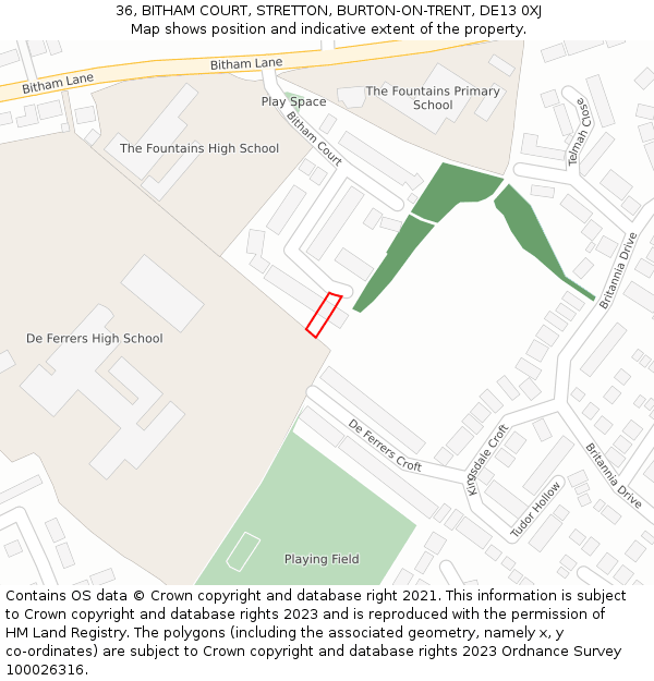 36, BITHAM COURT, STRETTON, BURTON-ON-TRENT, DE13 0XJ: Location map and indicative extent of plot