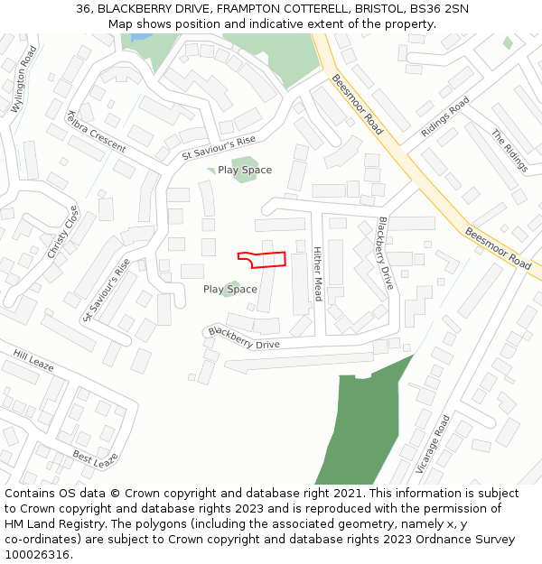 36, BLACKBERRY DRIVE, FRAMPTON COTTERELL, BRISTOL, BS36 2SN: Location map and indicative extent of plot