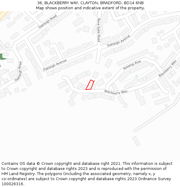 36, BLACKBERRY WAY, CLAYTON, BRADFORD, BD14 6NB: Location map and indicative extent of plot