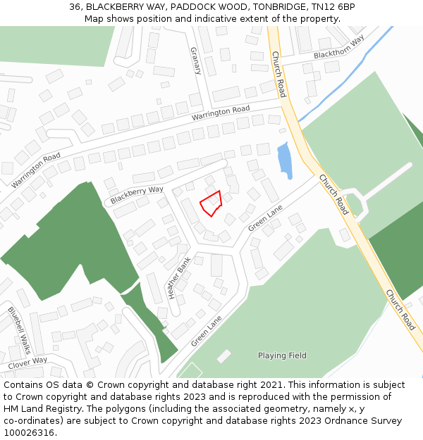 36, BLACKBERRY WAY, PADDOCK WOOD, TONBRIDGE, TN12 6BP: Location map and indicative extent of plot