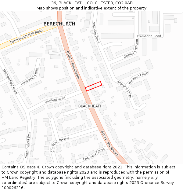 36, BLACKHEATH, COLCHESTER, CO2 0AB: Location map and indicative extent of plot