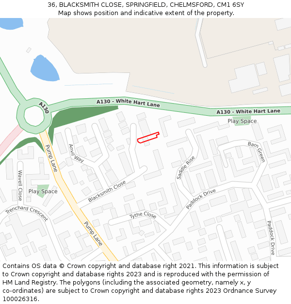 36, BLACKSMITH CLOSE, SPRINGFIELD, CHELMSFORD, CM1 6SY: Location map and indicative extent of plot