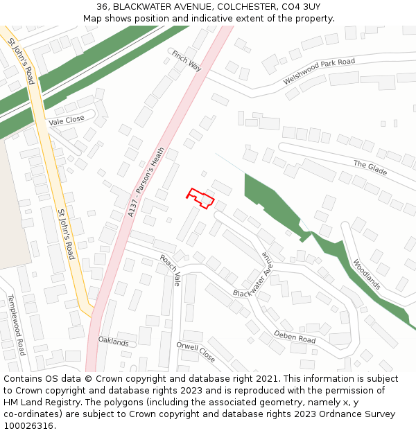 36, BLACKWATER AVENUE, COLCHESTER, CO4 3UY: Location map and indicative extent of plot