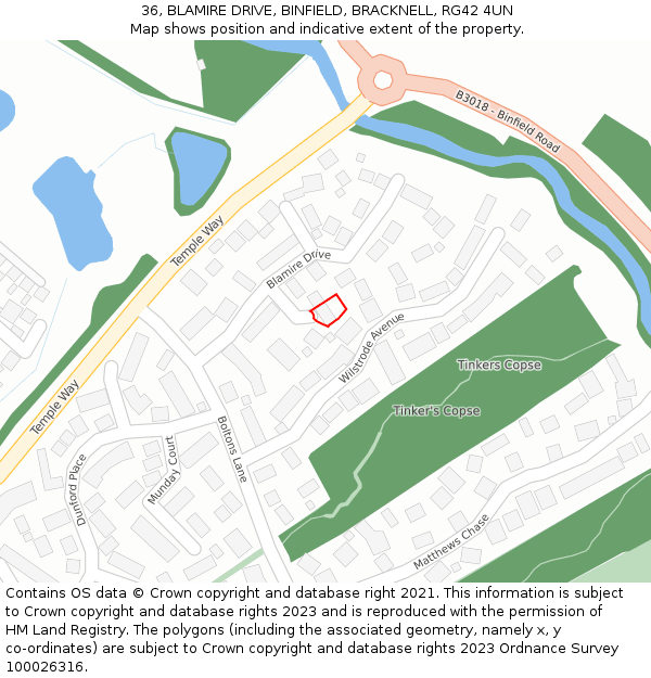 36, BLAMIRE DRIVE, BINFIELD, BRACKNELL, RG42 4UN: Location map and indicative extent of plot