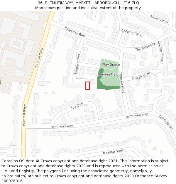 36, BLENHEIM WAY, MARKET HARBOROUGH, LE16 7LQ: Location map and indicative extent of plot