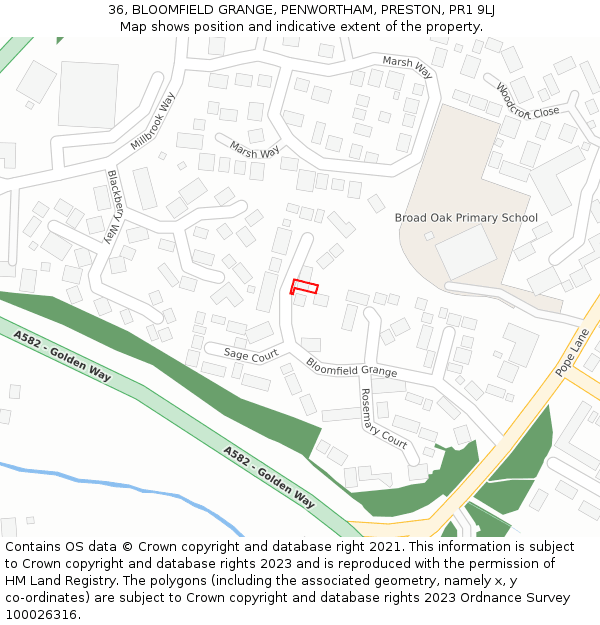 36, BLOOMFIELD GRANGE, PENWORTHAM, PRESTON, PR1 9LJ: Location map and indicative extent of plot