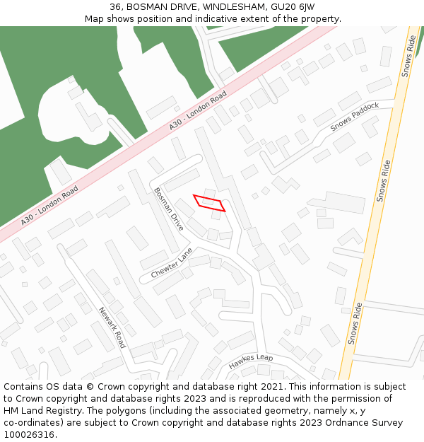 36, BOSMAN DRIVE, WINDLESHAM, GU20 6JW: Location map and indicative extent of plot